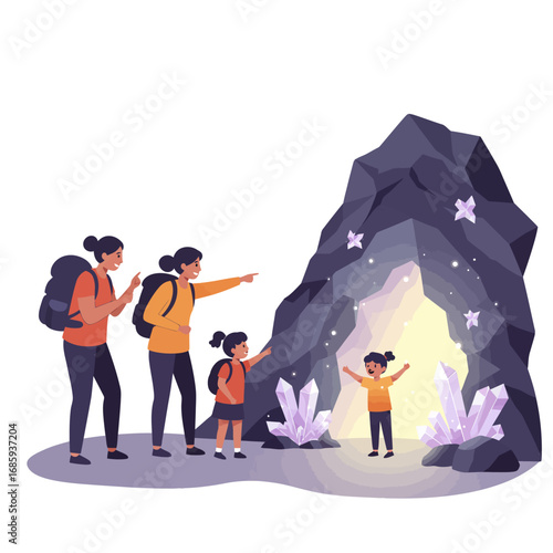 Enchanting Family Discovery: Children Explore a Magical Crystal Cave Vector Illustration