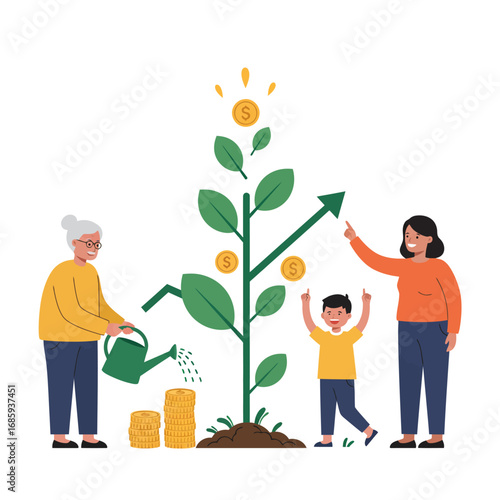 Secure Future Vector Illustration: Multi-Generational Family Investing for Wealth Growth and Long-Term Financial Planning