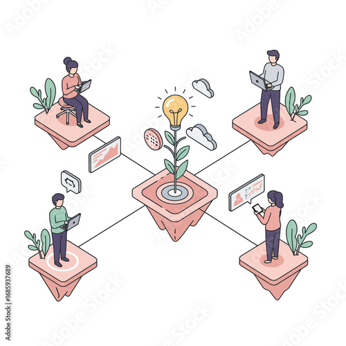 Digital Team Synergy: Nurturing Business Growth and Creative Solutions Vector Illustration