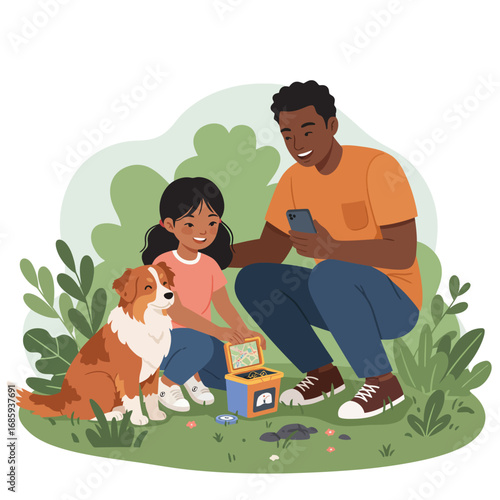 Joyful Diverse Family Vector Illustration: Modern Outdoor Adventure and Geocaching Discovery with Beloved Pet