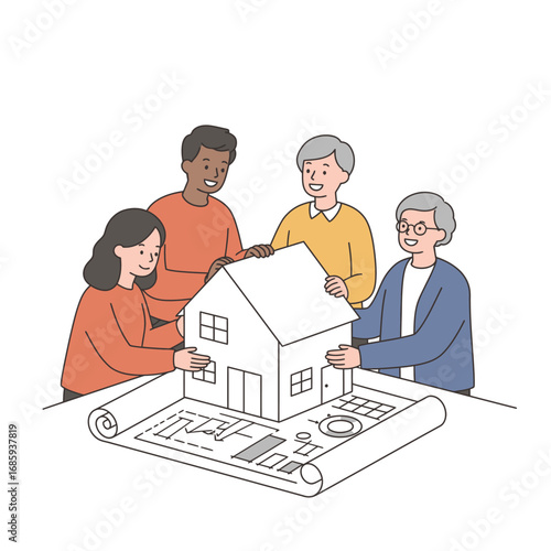 Collaborative Homeownership Planning: Diverse Vector Illustration Team Designs Dream House with Expert Guidance