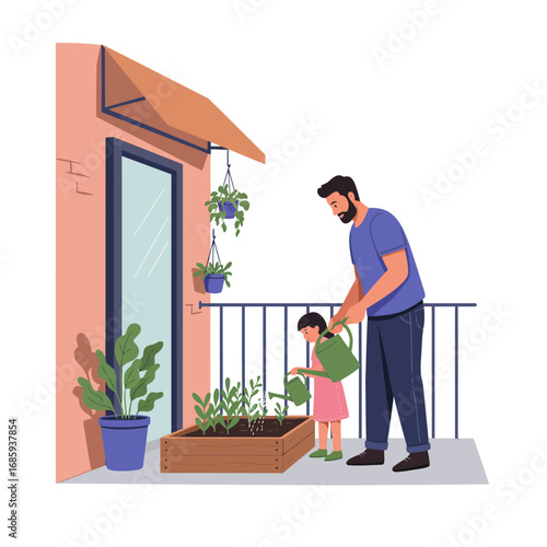 Family Bonding & Sustainable Living: Urban Gardening Vector Illustration with Father and Daughter