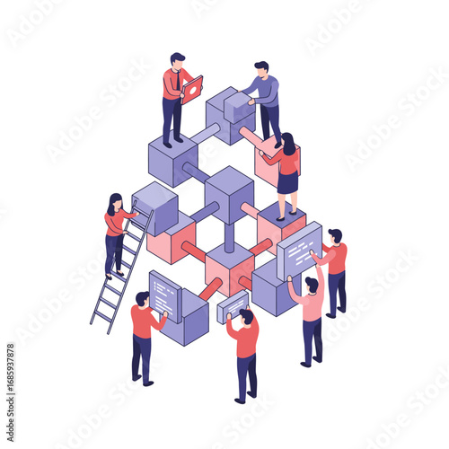 Strategic Team Collaboration Building Digital Network Architecture - Vector Illustration