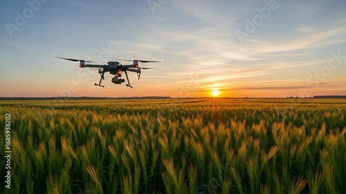 Drone's Aerial View: A drone captures an expansive agricultural landscape, showcasing modern farming technology against the warm backdrop of a sunset.