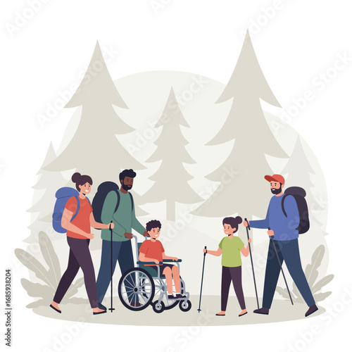 Inclusive Family Hiking Vector Illustration: Accessible Outdoor Adventure and Diverse Recreation