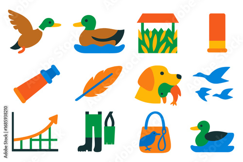 Bird Hunting Icons. Flat vector icons of bird hunting: duck in flight, decoy duck, waterfowl blind, shotgun shell, goose call,