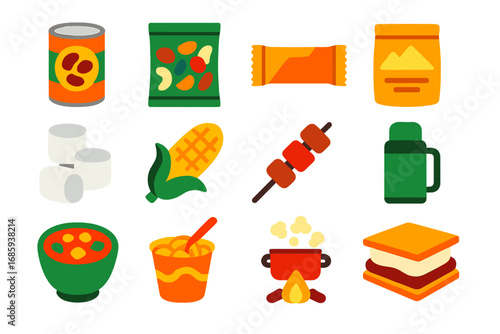 Vibrant Camping Food Icons. Flat vector icons of camping food: canned beans, trail mix, energy bar, freeze-dried meal,