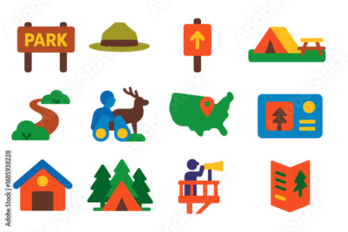 National Park Icons. Flat vector icons of national park camping: park sign, park ranger hat, trail marker, designated campsite,