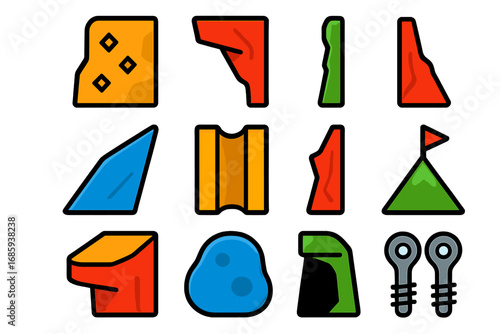 Climbing Icons Collection. Flat vector icons of outdoor climbing features: rock face, overhang, crack line, slab surface, chimney