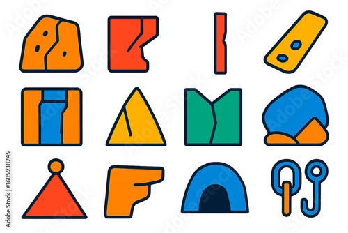 Climbing Icons Collection. Flat vector icons of outdoor climbing features: rock face, overhang, crack line, slab surface, chimney