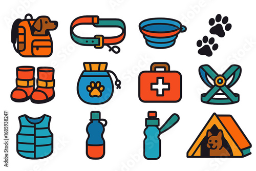 Pet Hiking Essentials Icons. Flat vector icons of hiking with pets: dog backpack, leash belt, collapsible dog bowl, paw print