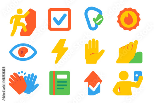Climbing Achievement Icons. Flat vector icons of climbing milestones: first send, project tick, clean climb, redpoint badge,