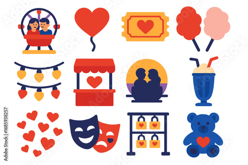 Romantic Carnival Icons. Flat vector icons of romantic carnival: couple on Ferris wheel, heart balloon, love ticket, cotton candy