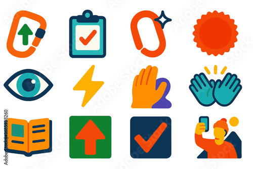 Climbing Achievement Icons. Flat vector icons of climbing milestones: first send, project tick, clean climb, redpoint badge,