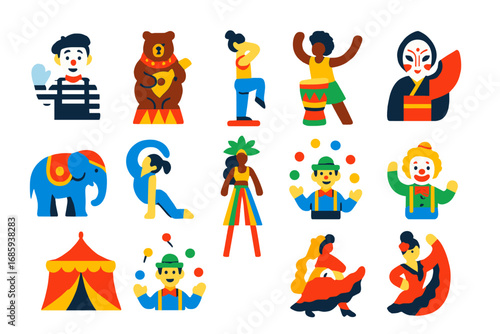 International Circus Icons. Flat vector icons of international circuses: French mime, Russian bear act, Chinese acrobat, African