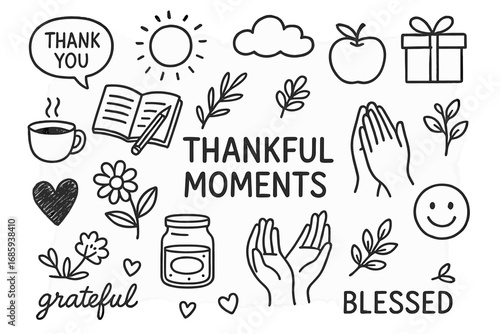 Gratitude Doodle Icons. Thankful moments doodle set: hand drawn icons for journaling gratitude and mindful reflection, isolated