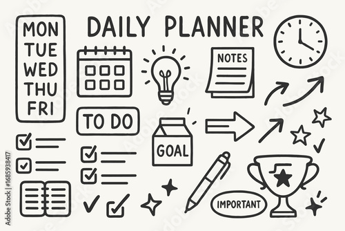 Daily Planner Icons. Daily planner doodle set: hand drawn icons for organizing your week and boosting productivity, isolated