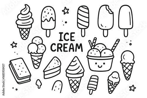 Ice Cream Doodles. Ice cream treats doodle set: hand drawn icons for sweet summer desserts and frozen snacks, isolated transparent
