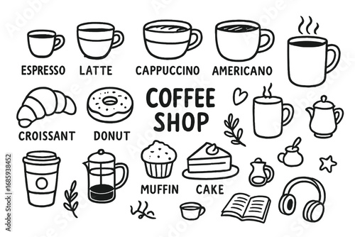 Coffee Shop Doodles. Coffee shop doodle set: hand drawn icons for espresso drinks, pastries, and cozy café items, isolated