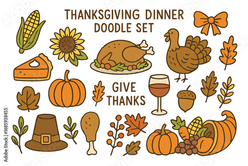 Thanksgiving Feast Doodles. Thanksgiving dinner doodle set: hand drawn icons for traditional holiday food and celebration decor,