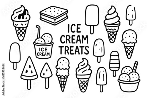 Ice Cream Doodles. Ice cream treats doodle set: hand drawn icons for sweet summer desserts and frozen snacks, isolated transparent