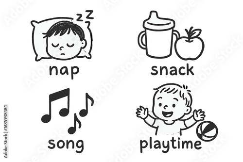 Toddler Schedule Icons. Daily toddler schedule doodle set: hand drawn icons for naps, snacks, songs, and playtime, isolated