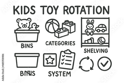 Kids Toy Organization. Kids toy rotation doodle set: hand drawn icons for bins, categories, shelving, and system icons, isolated