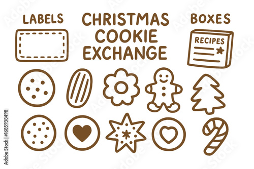 Christmas Cookie Doodle Set. Christmas cookie exchange doodle set: hand drawn icons for labels, boxes, recipes, and cookie types,