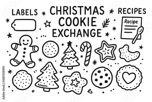 Christmas Cookie Doodle Set. Christmas cookie exchange doodle set: hand drawn icons for labels, boxes, recipes, and cookie types,