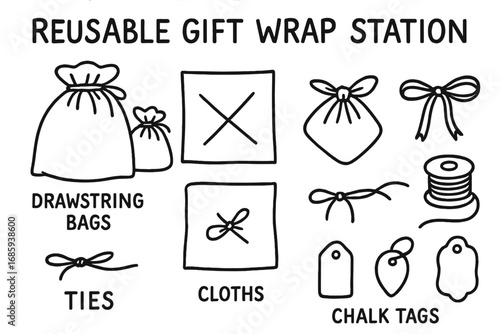 Reusable Gift Wrap Icons. Reusable gift wrap station doodle set: hand drawn icons for drawstring bags, cloths, ties, and chalk