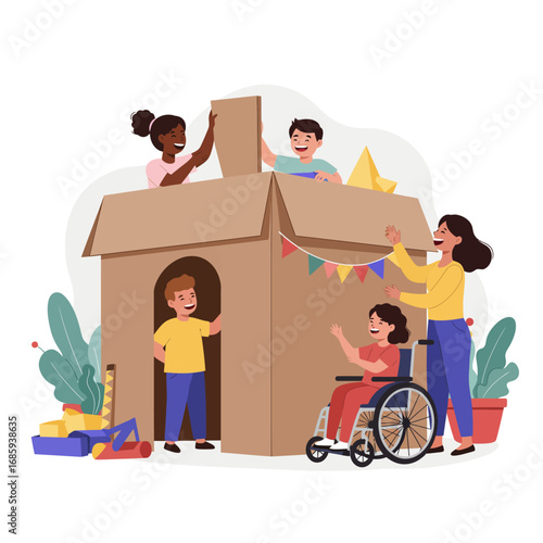 Joyful Diverse Children Building Cardboard Fort - Inclusive Play and Creative Learning Vector Illustration