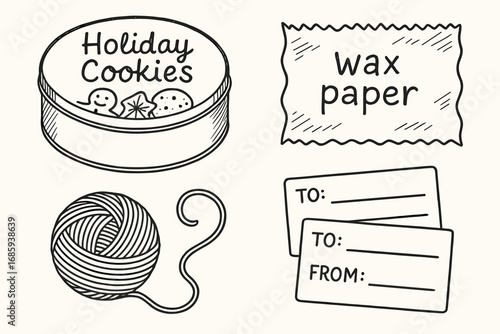 Holiday Cookie Doodle Set. Holiday cookie shipping doodle set: hand drawn icons for tins, wax paper, string, and address labels,