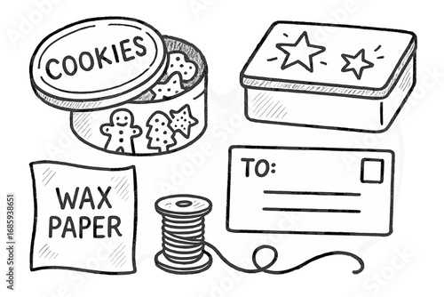 Holiday Cookie Doodle Set. Holiday cookie shipping doodle set: hand drawn icons for tins, wax paper, string, and address labels,