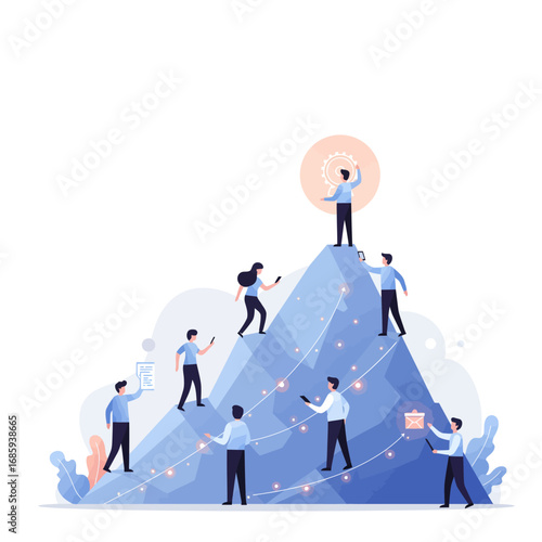 Empowering Business Growth: Collaborative Team Reaching Strategic Digital Goals Vector Illustration