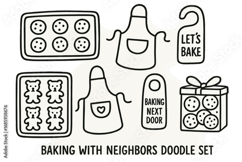 Community Baking Doodles. Baking with neighbors doodle set: hand drawn icons for trays, aprons, door tags, and cookie deliveries,