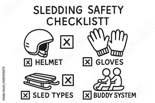 Sledding Safety Doodles. Sledding safety checklist doodle set: hand drawn icons for helmets, gloves, sled types, and buddy system,