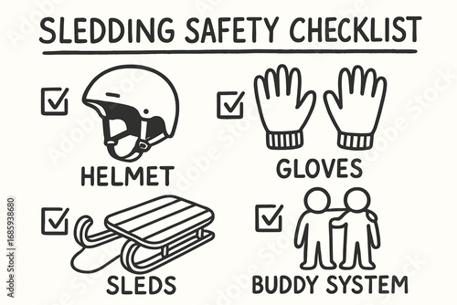 Sledding Safety Doodles. Sledding safety checklist doodle set: hand drawn icons for helmets, gloves, sled types, and buddy system,
