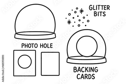 Snow Globe Craft Set. Snow globe photo frame craft doodle set: hand drawn icons for clear domes, photo holes, glitter bits, and