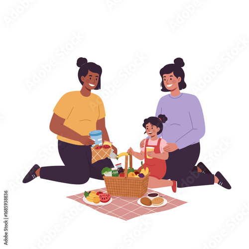 Joyful Diverse Family Picnic Illustration: Cultivating Happiness and Togetherness Outdoors, a Lifestyle Vector Asset