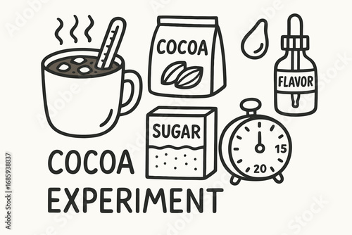 Cocoa Experiment Doodle. Kids cocoa experiment station doodle set: hand drawn icons for temperature testing, ingredients, flavor