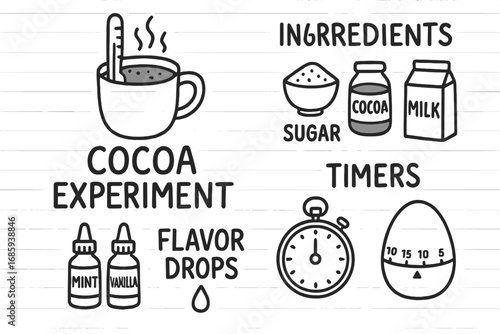 Cocoa Experiment Doodle. Kids cocoa experiment station doodle set: hand drawn icons for temperature testing, ingredients, flavor