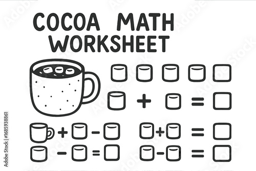 Cocoa Math Doodle Set. Printable cocoa math worksheet doodle set: hand drawn icons for cup symbols, marshmallow counters, and
