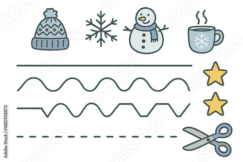 Winter Doodle Cutting Strips. Winter themed cutting strips for preschool doodle set: hand drawn icons for practice lines, icons,