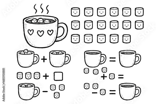 Cocoa Math Doodle Set. Printable cocoa math worksheet doodle set: hand drawn icons for cup symbols, marshmallow counters, and