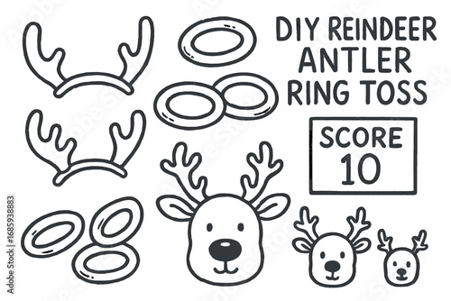 Reindeer Antler Ring Toss. DIY reindeer antler ring toss game doodle set: hand drawn icons for headbands, soft rings, scoreboards,