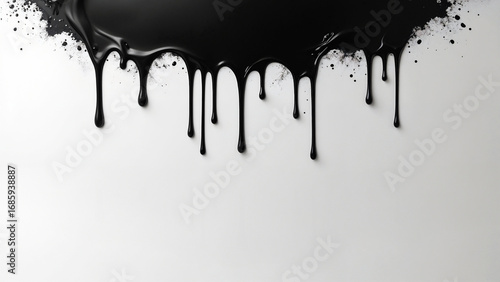 Abstract depiction of a liquid spill with black dripping paint against a white backdrop, showcasing an artistic modern design. Liquid Background