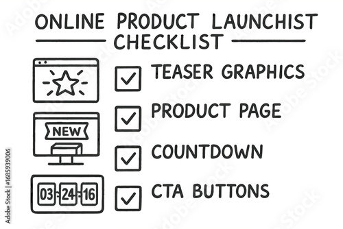 Product Launch Doodle Set. Online product launch checklist doodle set: hand drawn icons for teaser graphics, product pages,