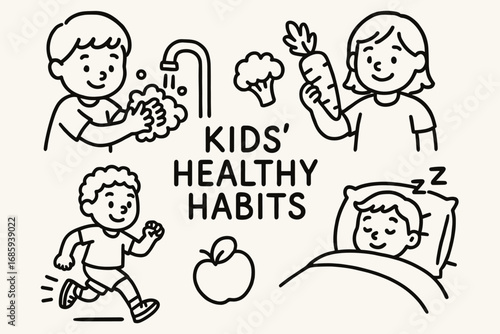 Kids Healthy Habits. Kids healthy habits doodle set: hand drawn icons for washing hands, eating veggies, exercising, and sleeping