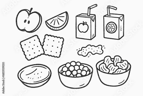 Toddler Snack Doodles. Toddler snack time doodle set: hand drawn icons for fruit slices, juice boxes, crackers, and snack bowls,