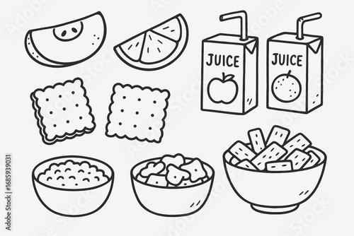 Toddler Snack Doodles. Toddler snack time doodle set: hand drawn icons for fruit slices, juice boxes, crackers, and snack bowls,